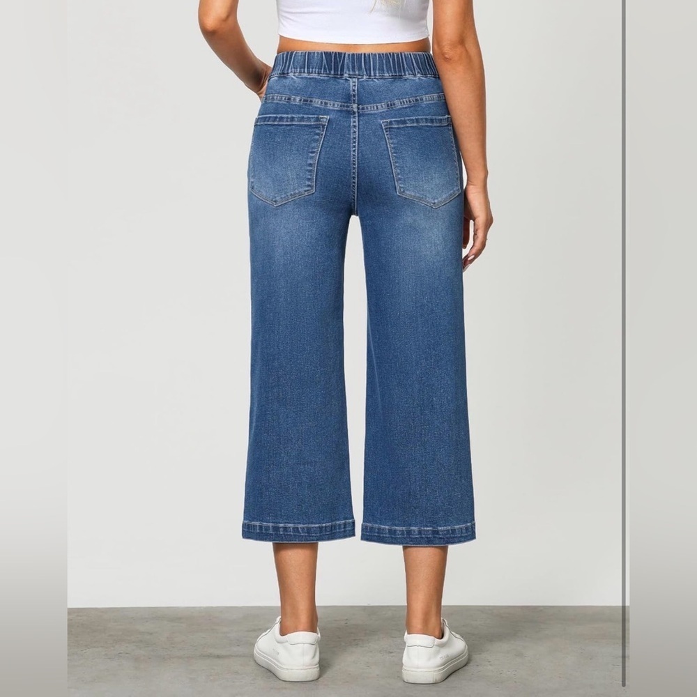 Large (fits 12 /14) pull on elastic waist wide leg cropped jeans medium wash - Picture 17 of 17